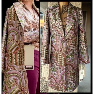 Exetera Carlisle Paisley Print Jacquard Metallic Long Blazer
